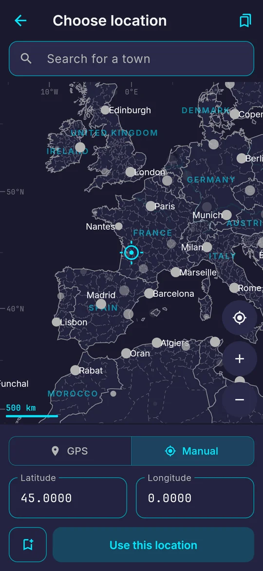 The location chooser, with a marker on the map and fields for latitude and longitude, set either from GPS or by hand.