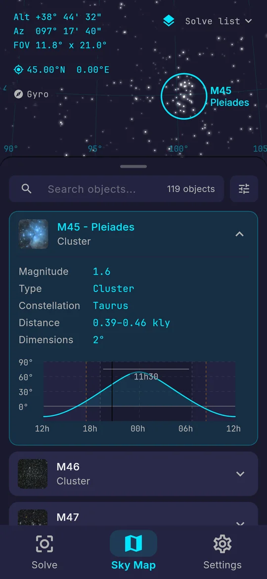 The deep sky object list, filtered and sorted, with M45 Pleiades opened to show its magnitude, type, constellation, distance and size, and a curve of its altitude through the night.
