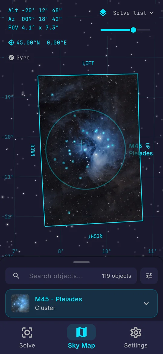 A solved photograph of the Pleiades drawn on the sky map inside a rotated frame, exactly where the camera was pointing, with an opacity slider above it.
