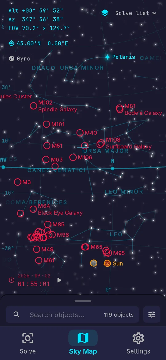 The Sideris sky map with constellation lines and names, Messier objects ringed, the planets labelled, and the altitude, azimuth and field of view of the view read out in the corner.